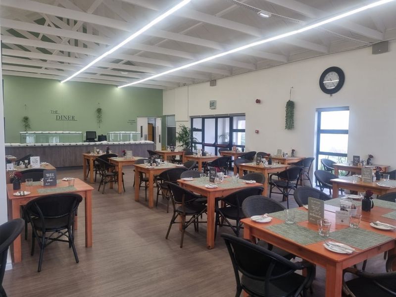 A spacious, well-lit dining hall within the retirement village, featuring exposed timber trusses, modern linear lighting, and a dedicated service counter area.