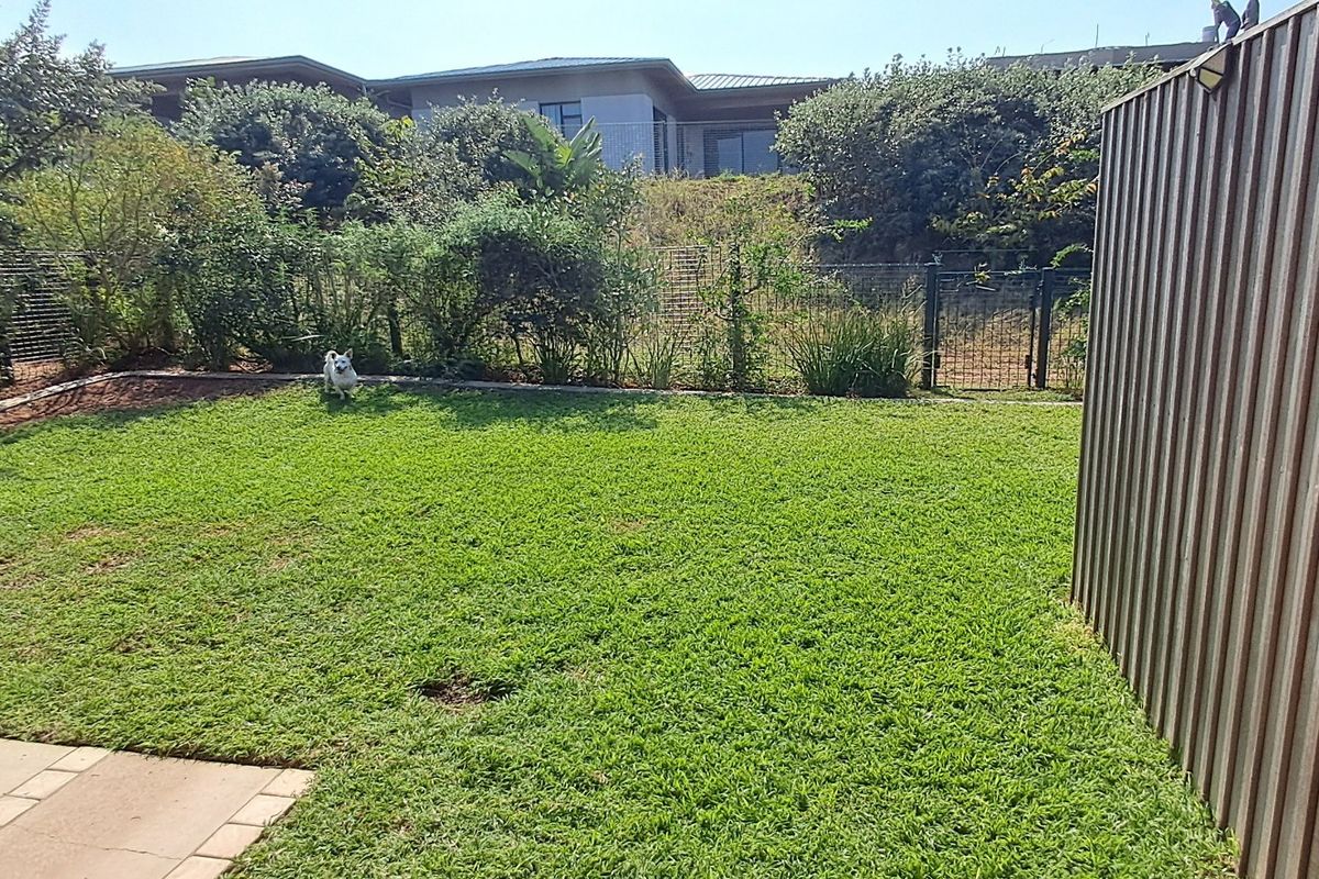 A private rear garden featuring a well-maintained lawn, paved patio area, and secure metal boundary fencing.