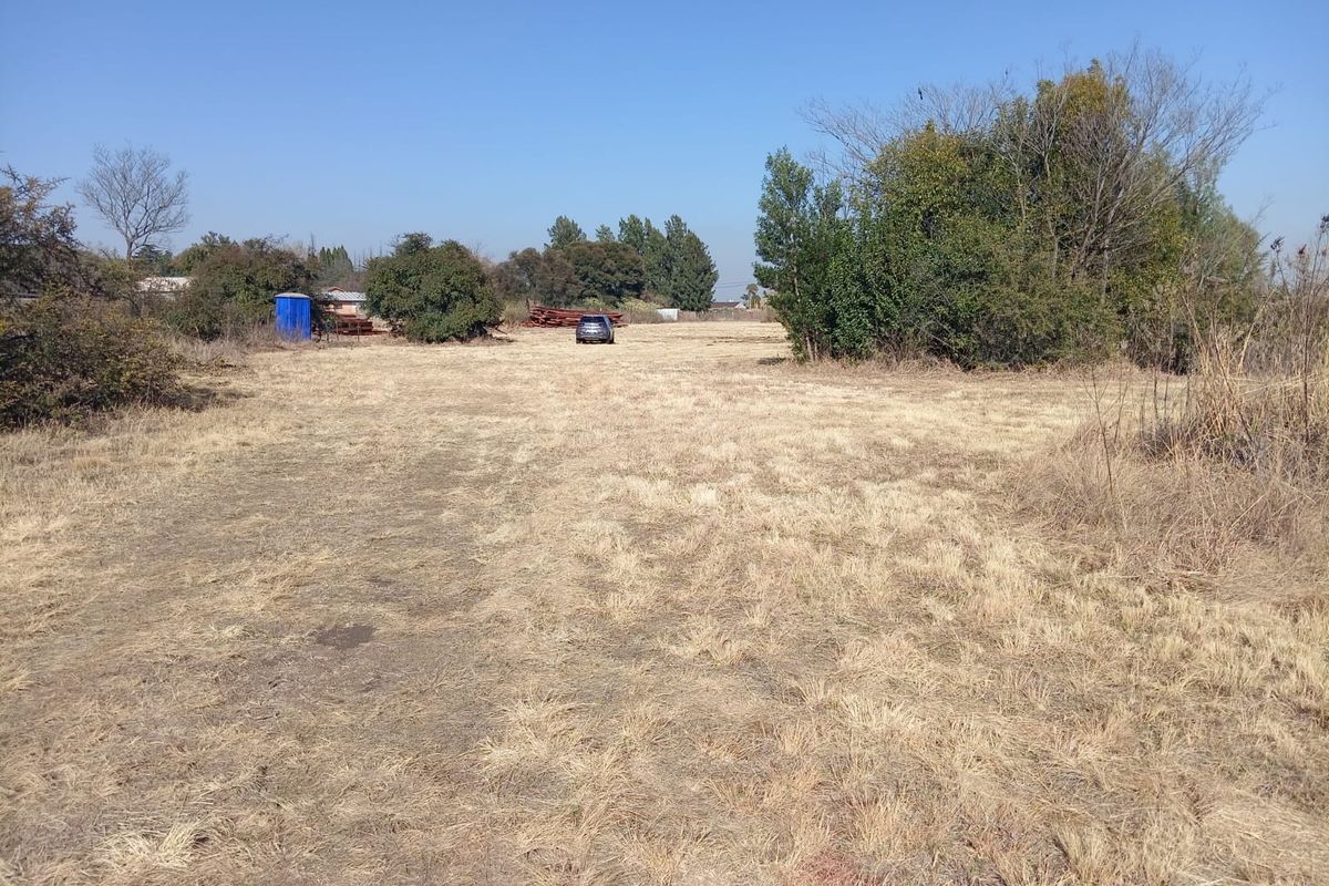 A large, undeveloped plot of land featuring dry grass and mature trees, offering significant potential for future development or landscaping.