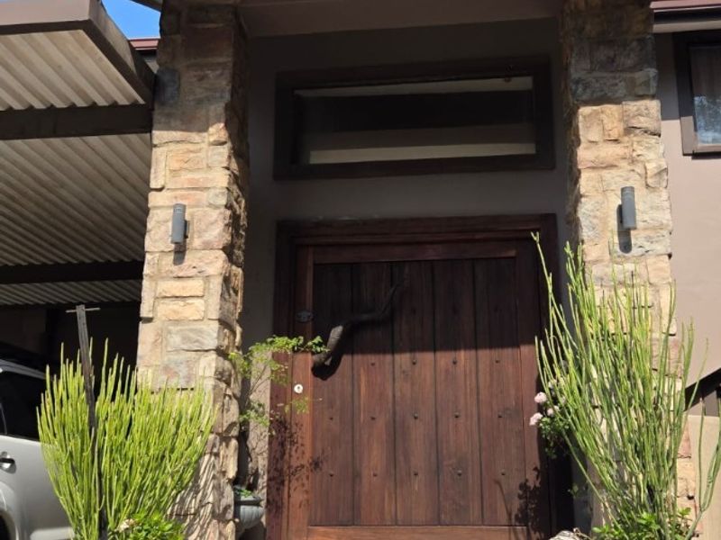 Front entrance featuring a solid timber door, stone-clad pillars, tiled steps, and an adjacent carport with paved driveway.