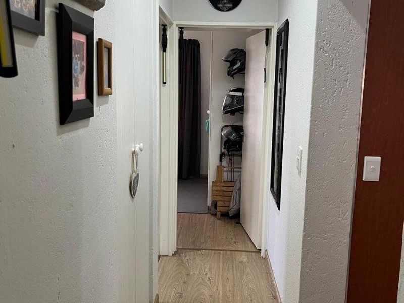 A functional hallway featuring light-toned laminate flooring, coved ceiling cornices, and built-in storage cupboards, providing access to adjacent rooms.