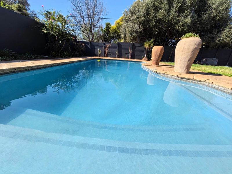 A well-maintained swimming pool area featuring paved surrounds and a dark perimeter boundary wall, set within a private garden.