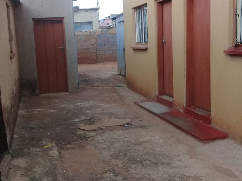 Rear exterior area featuring concrete paving, multiple external access doors, and casement windows, showing signs of wear and requiring maintenance.