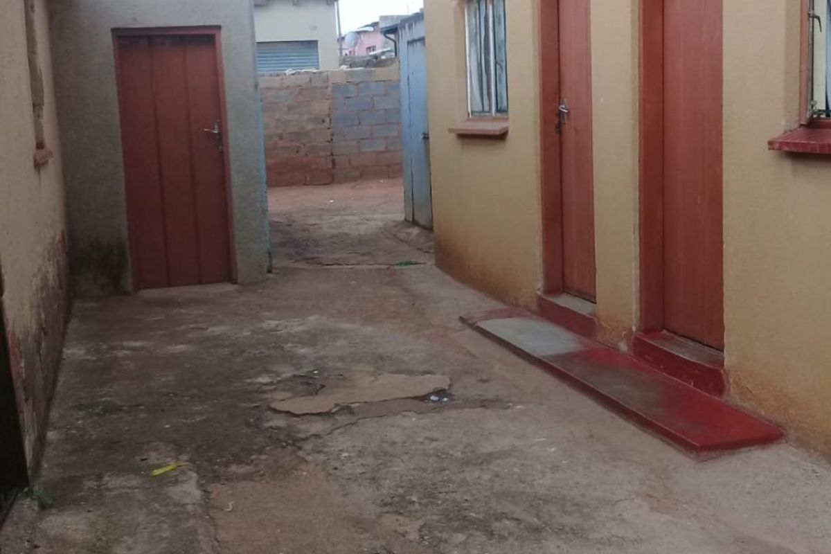 Rear exterior area featuring concrete paving, multiple external access doors, and casement windows, showing signs of wear and requiring maintenance.