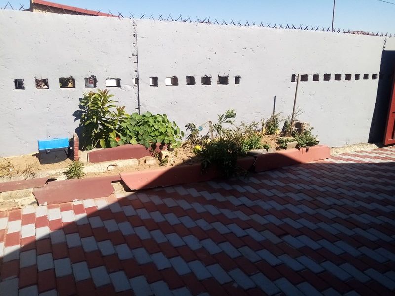 A rear exterior area featuring a paved surface, a raised garden bed, and a perimeter wall secured with razor wire.