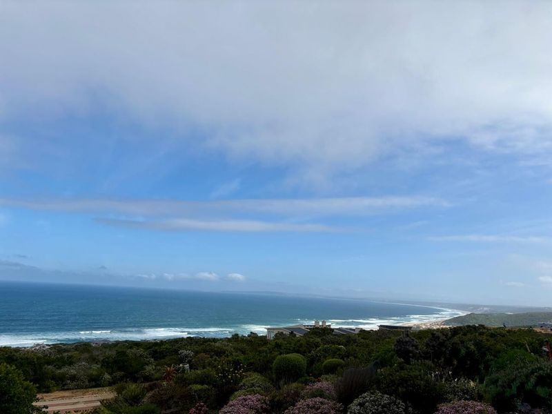 A scenic elevated view overlooking the coastline, ocean, and surrounding natural vegetation.