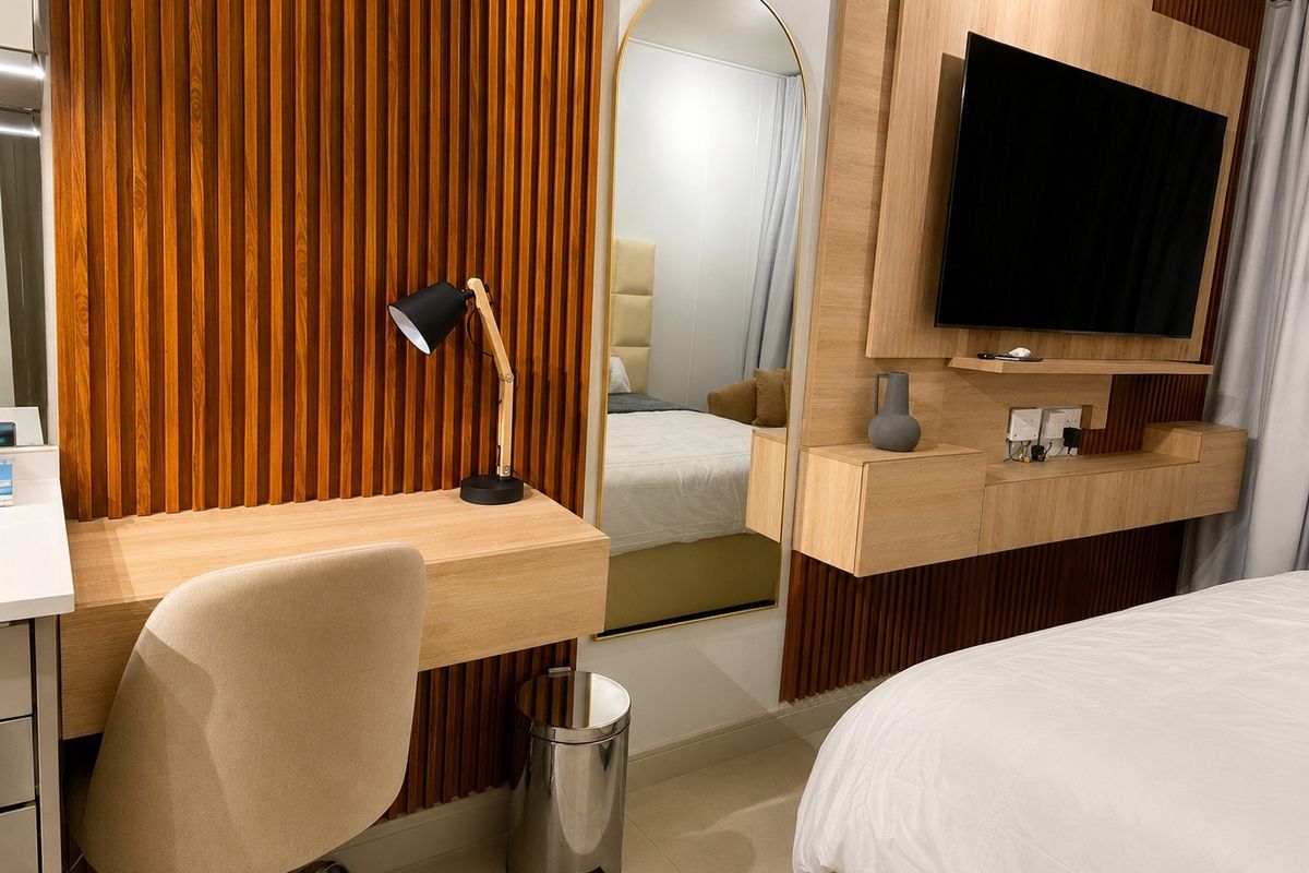 Modern bedroom featuring custom timber slat wall paneling, a built-in floating desk, and an integrated media console with a wall-mounted television.