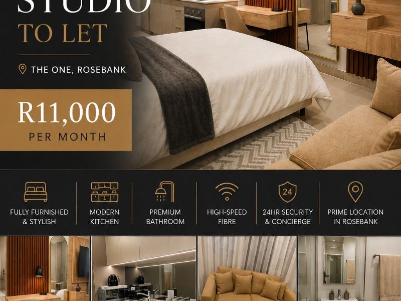 A promotional flyer for a modern studio apartment featuring a compact kitchen, living area, and bathroom in a prime location.