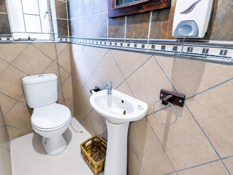 A compact bathroom featuring a pedestal basin, toilet, and tiled wall finishes with a window for natural light.