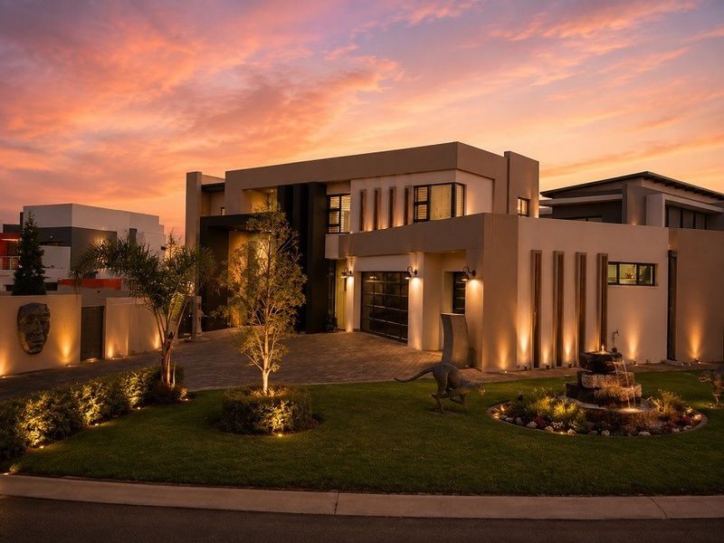 A stunning modern architectural home exterior at sunset, featuring a paved driveway, integrated garage, landscaped garden, and ambient exterior lighting.