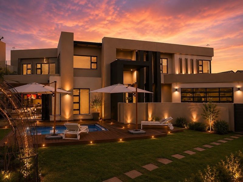Stunning modern rear elevation featuring a swimming pool, timber decking, and integrated exterior lighting, set against a vibrant sunset backdrop.