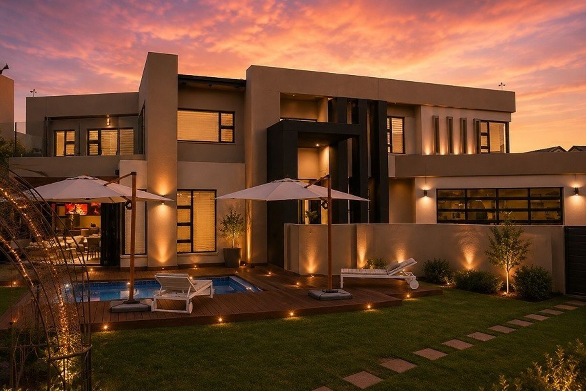 Stunning modern rear elevation featuring a swimming pool, timber decking, and integrated exterior lighting, set against a vibrant sunset backdrop.