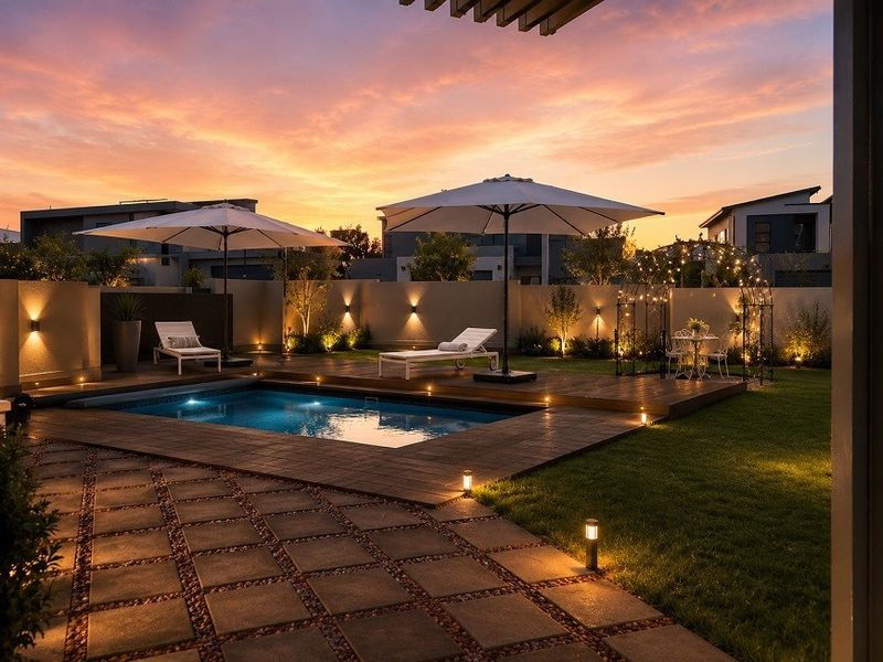 A beautifully landscaped backyard featuring a modern swimming pool, timber decking, paved patio areas, and ambient garden lighting at sunset.