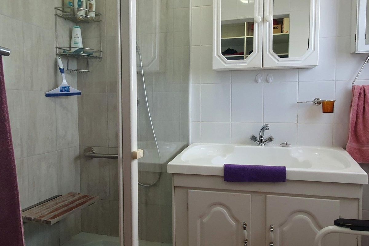 A functional bathroom featuring a shower enclosure with a grab rail, a vanity cabinet with a basin, and wall-mounted storage.