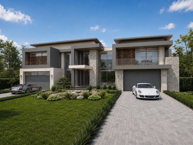 Modern luxury double-story residence featuring stone cladding, expansive glass windows, double garages, and a meticulously landscaped front garden with a paved driveway.