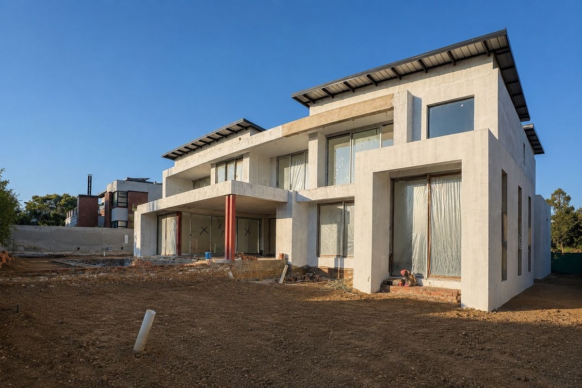 Rear view of a modern two-story house under construction, featuring large sliding glass doors, concrete structure, and an unlandscaped backyard.