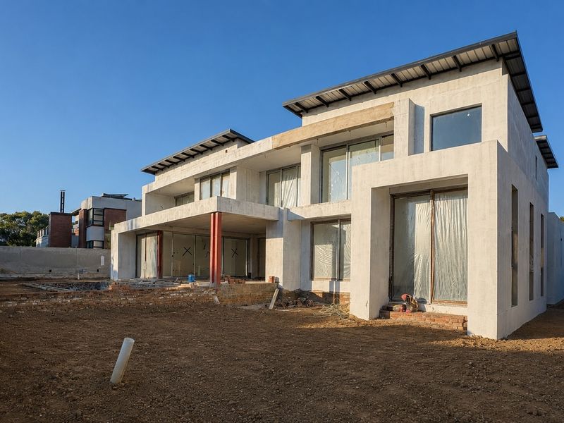 Rear view of a modern two-story house under construction, featuring large sliding glass doors, concrete structure, and an unlandscaped backyard.