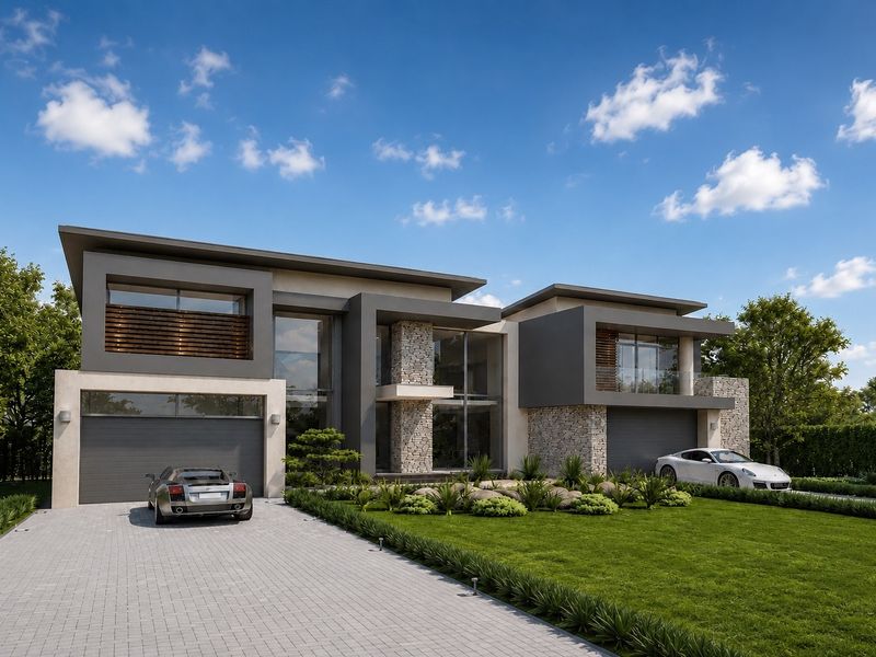 A modern double-story luxury residence featuring stone cladding, expansive glass windows, double garages, and a manicured front garden with a paved driveway.
