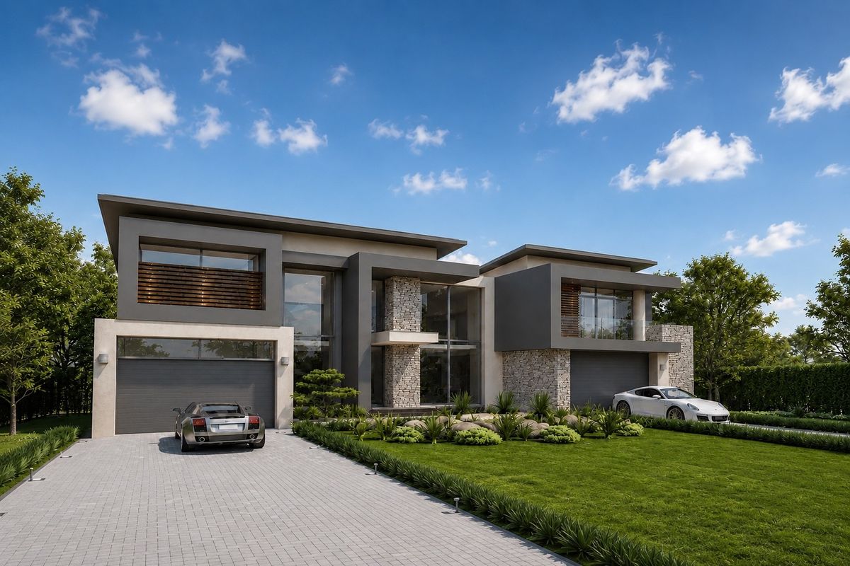 A modern double-story luxury residence featuring stone cladding, expansive glass windows, double garages, and a manicured front garden with a paved driveway.