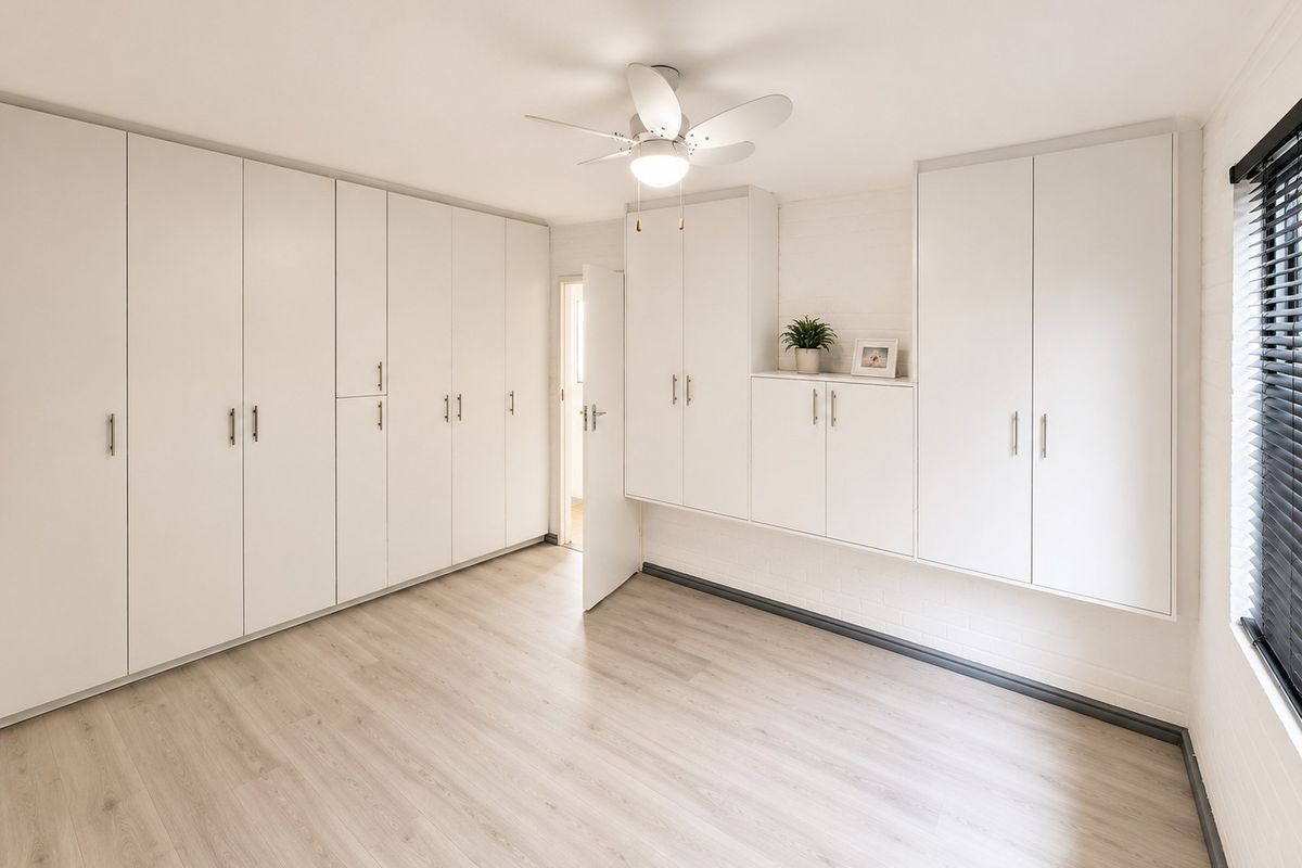 A bright and spacious bedroom featuring extensive built-in cabinetry, modern laminate flooring, and a ceiling fan.