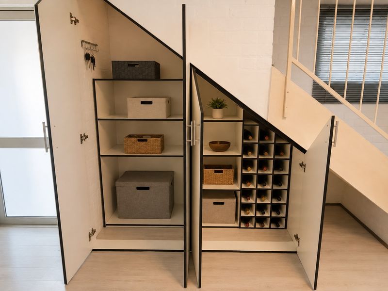 Custom built-in under-stair storage cabinetry featuring integrated shelving and a dedicated wine rack, finished in a modern white and black trim design.