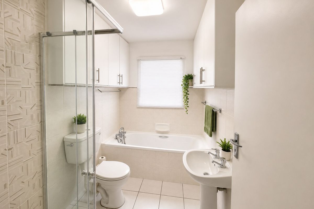 A clean, well-maintained bathroom featuring a pedestal sink, a separate bathtub, and a glass-enclosed shower with neutral tiled finishes and ample built-in storage.