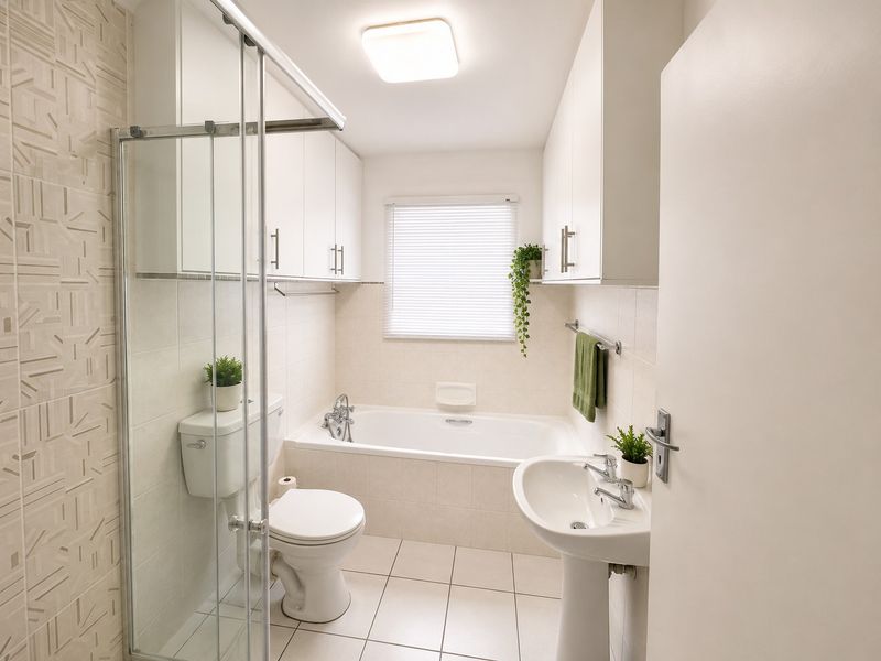 A clean, well-maintained bathroom featuring a pedestal sink, a separate bathtub, and a glass-enclosed shower with neutral tiled finishes and ample built-in storage.