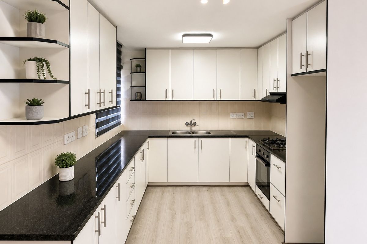 Modern U-shaped kitchen featuring white cabinetry, black granite countertops, integrated oven, gas hob, and high-quality laminate flooring.