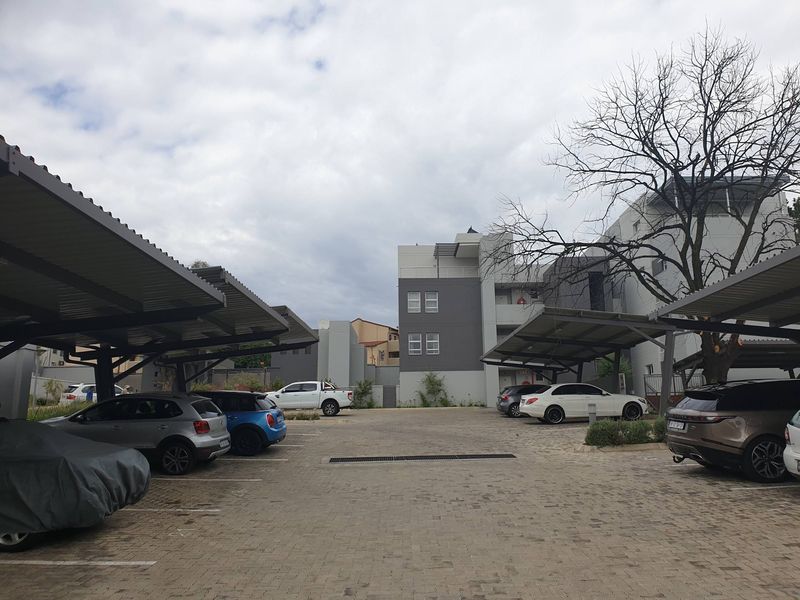 Exterior view of the apartment complex parking area featuring paved surfaces and covered carport structures for residents.