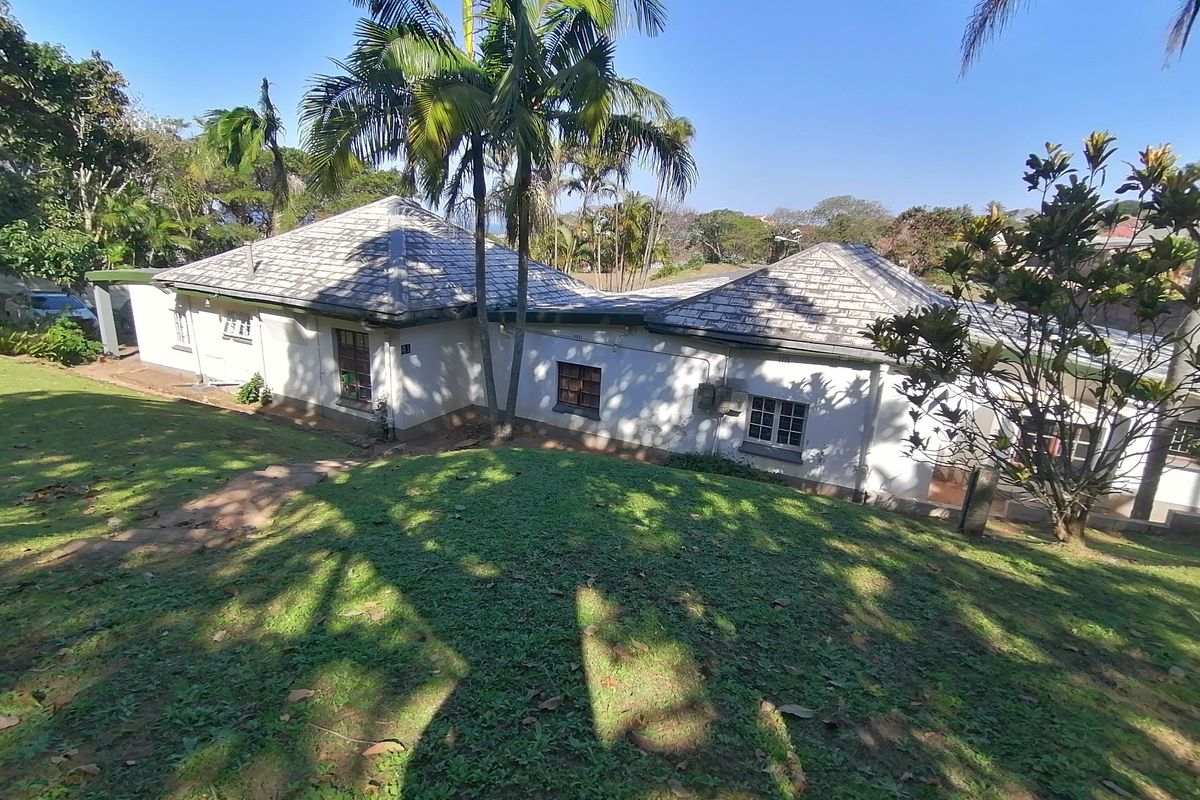 A rear view of the property featuring a tiled roof, white exterior walls, and a sloped garden area with mature palm trees.
