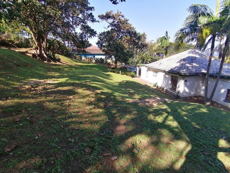 A spacious, sloped garden area featuring mature trees and a view of the property's exterior side elevation with a tiled roof.