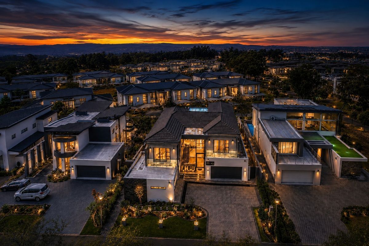 Stunning aerial view of a modern residential estate at dusk, showcasing contemporary architecture, paved driveways, and well-maintained landscaped grounds.