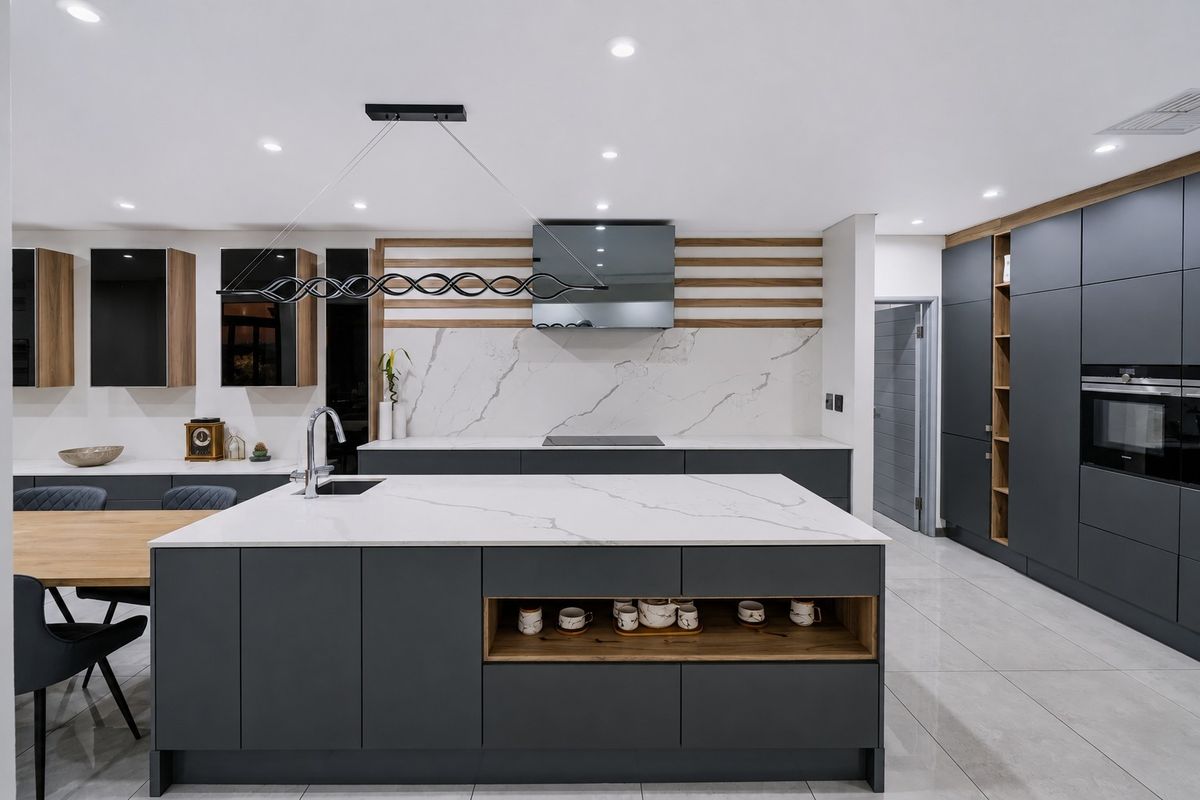 Modern kitchen featuring a large island with stone countertops, sleek dark cabinetry, integrated appliances, and stylish wood-accented wall detailing.