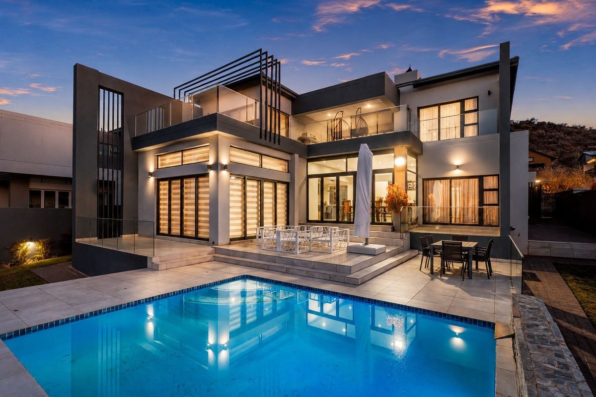 Modern double-story residence featuring a spacious tiled patio, swimming pool, and glass balustrades, perfect for outdoor entertaining.