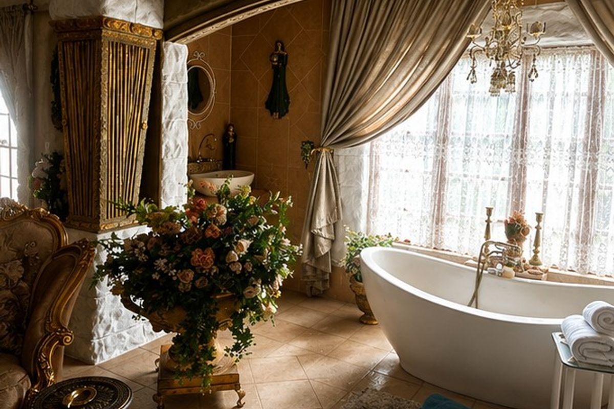 Luxurious bathroom featuring a freestanding bathtub, vessel sink, ornate stone pillar detailing, and elegant chandelier lighting with large window views.