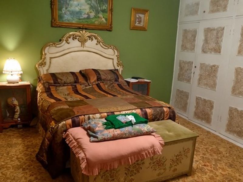 A bedroom featuring built-in cupboards and patterned carpet flooring, requiring cosmetic updates to modernize the space.