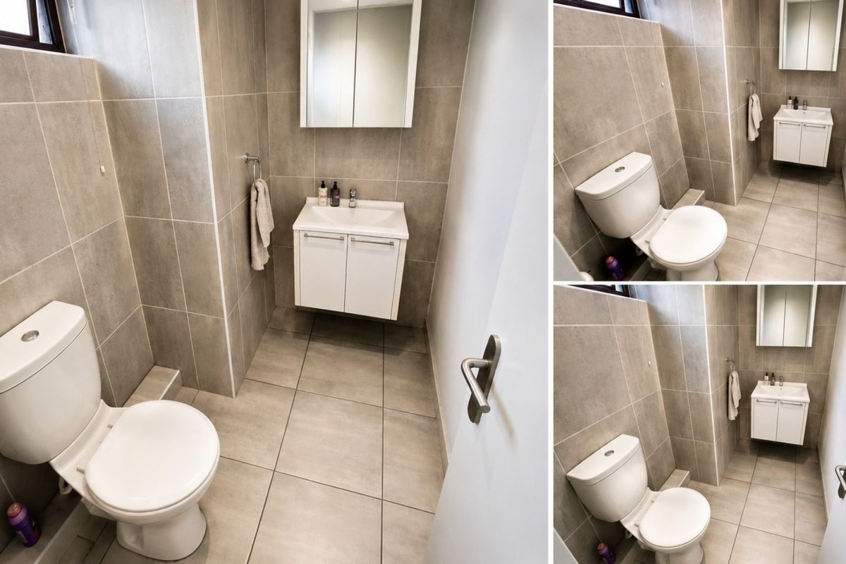 A modern, compact bathroom featuring neutral floor-to-ceiling tiling, a wall-mounted vanity with a basin, and a dual-flush toilet.