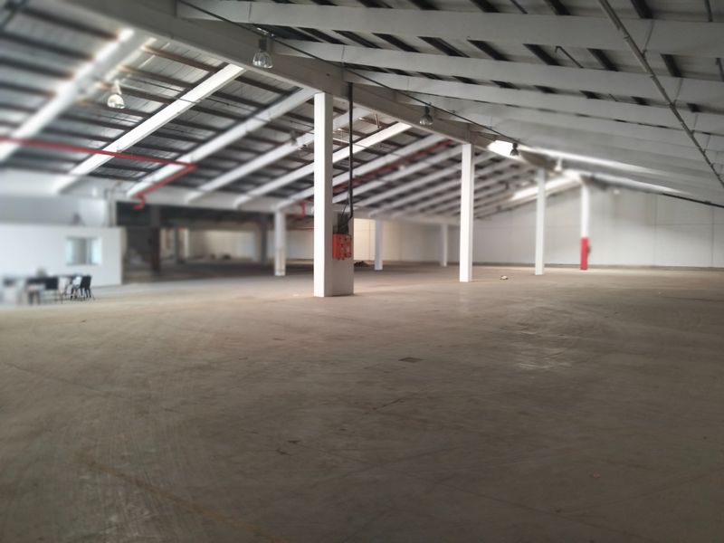 Expansive industrial warehouse space featuring high ceilings with exposed steel trusses, polished concrete flooring, and functional overhead lighting.