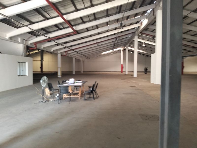 A large, open-plan industrial warehouse space featuring high ceilings with exposed steel trusses, concrete flooring, and functional fire sprinkler systems.