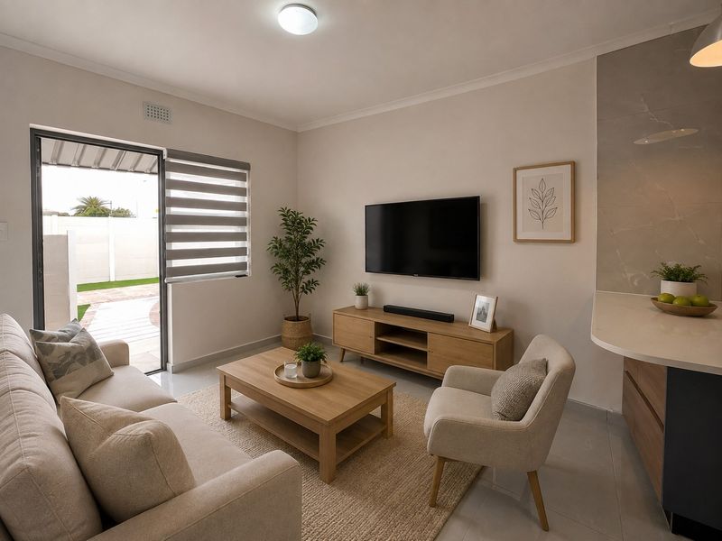 A bright open-plan living area featuring tiled floors, modern neutral finishes, and direct access to an outdoor patio through a sliding glass door.