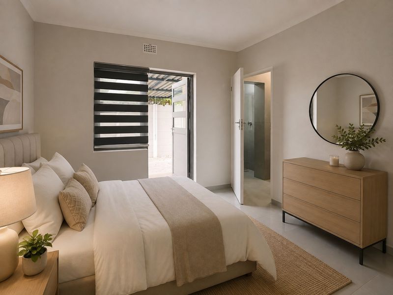 A well-maintained bedroom featuring tiled floors, modern roller blinds, and direct access to an outdoor area and an en-suite bathroom.