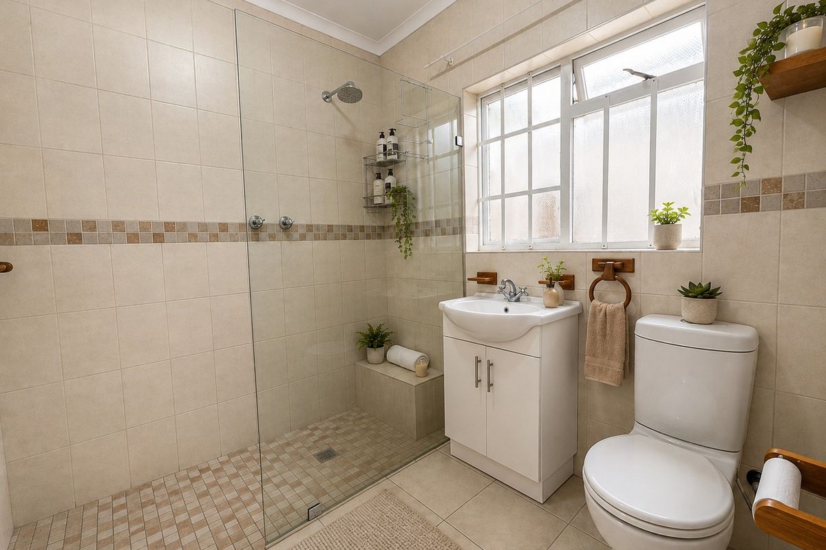 A well-maintained bathroom featuring a walk-in shower with a glass screen, a vanity unit with a basin, and a toilet, finished with neutral tiling.