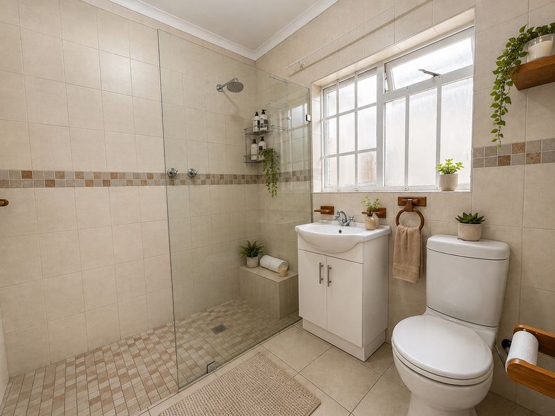 A well-maintained bathroom featuring a walk-in shower with a glass screen, a vanity unit with a basin, and a toilet, finished with neutral tiling.