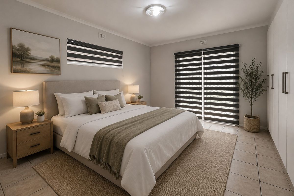 A well-maintained bedroom featuring neutral tiled flooring, built-in wardrobes, and modern zebra blinds, offering a clean and comfortable living space.