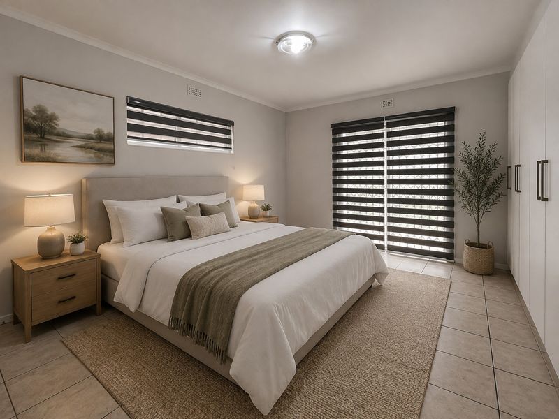 A well-maintained bedroom featuring neutral tiled flooring, built-in wardrobes, and modern zebra blinds, offering a clean and comfortable living space.