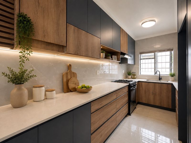 Modern kitchen featuring two-tone wood and matte dark cabinetry, stone countertops, integrated gas hob, extractor fan, and sleek tiled finishes.