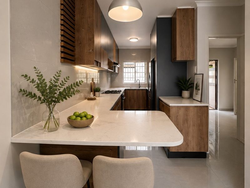 Modern kitchen featuring wood-tone cabinetry, stone countertops, integrated hob, and stylish pendant lighting, creating a functional and contemporary culinary space.