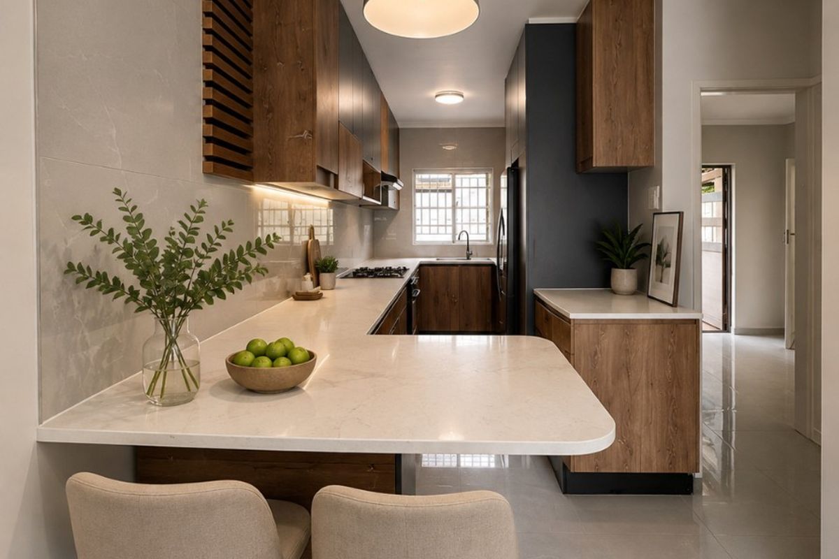 Modern kitchen featuring wood-tone cabinetry, stone countertops, integrated hob, and stylish pendant lighting, creating a functional and contemporary culinary space.