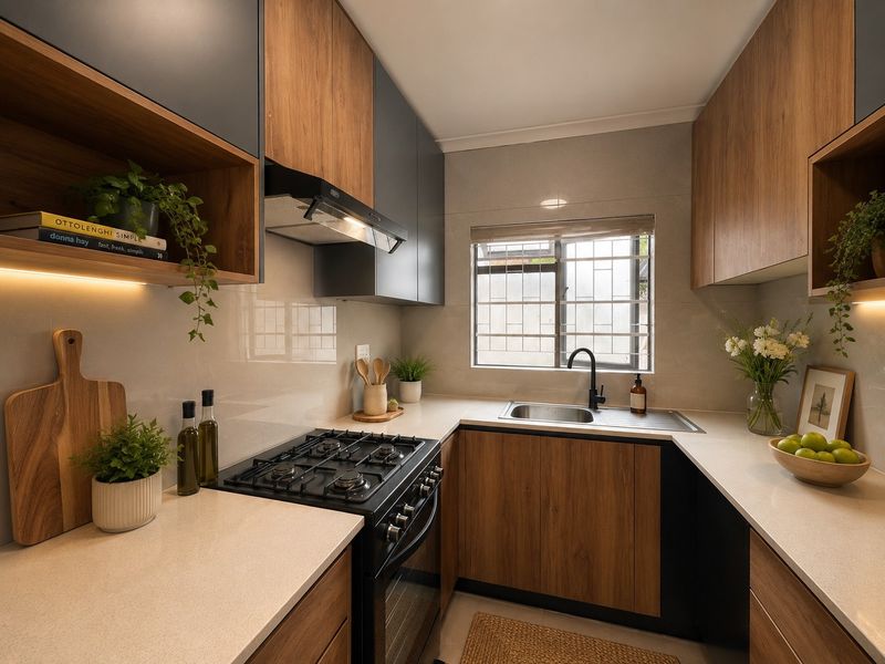 Modern kitchen featuring wood-grain and matte charcoal cabinetry, stone countertops, a gas stove with extractor, and integrated under-cabinet lighting.