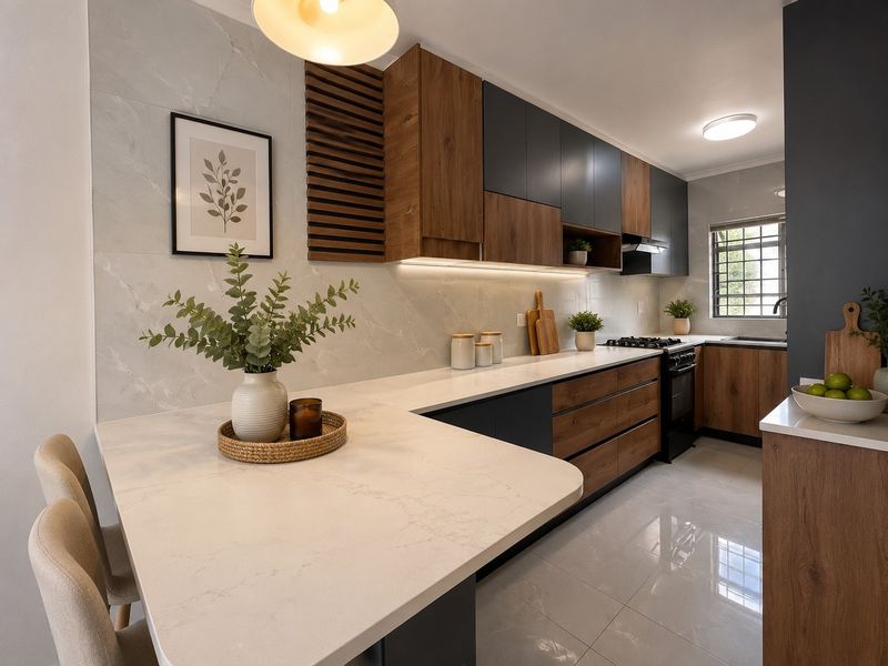 Modern kitchen featuring two-tone wood and charcoal cabinetry, quartz countertops, integrated appliances, and stylish under-cabinet lighting with a clean tiled backsplash.